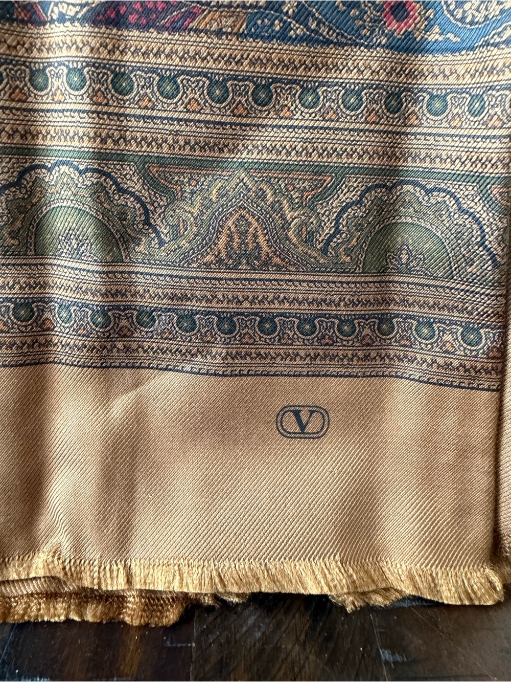 Valentino Gold and Teal Paisley Silk-Blend Scarf